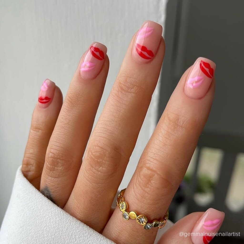 Pink and Red Kisses Valentine's Day nail designs