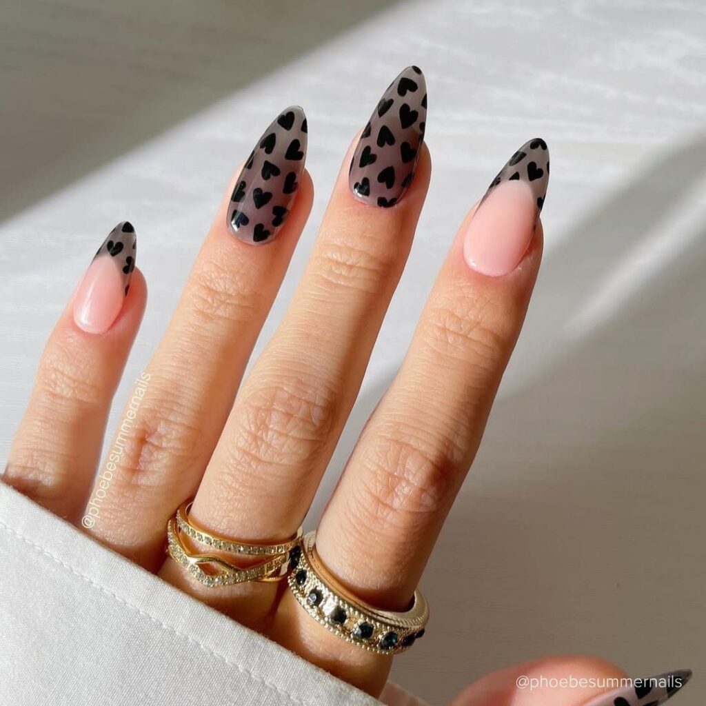 Black Hearts on Transparent Grey Nails