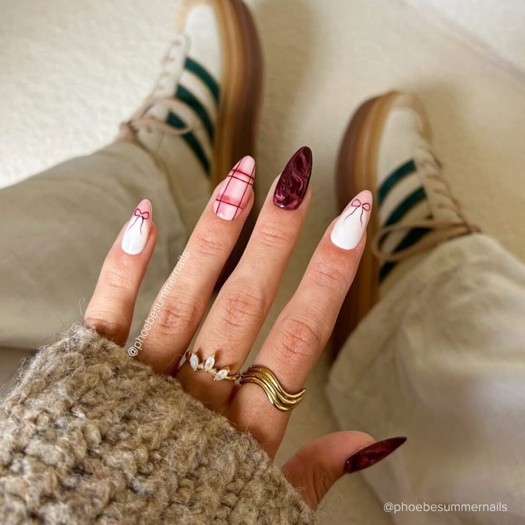 White and Burgundy Ribbons and Patterns Valentine's Day nail designs