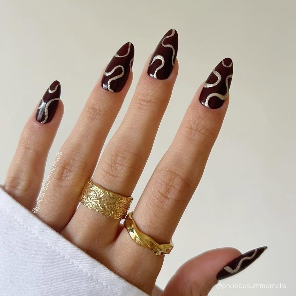 Gold Waves on Burgundy-Brown Nails