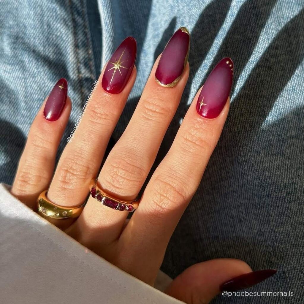 Burgundy with Gold Accents Valentine's Day nail designs