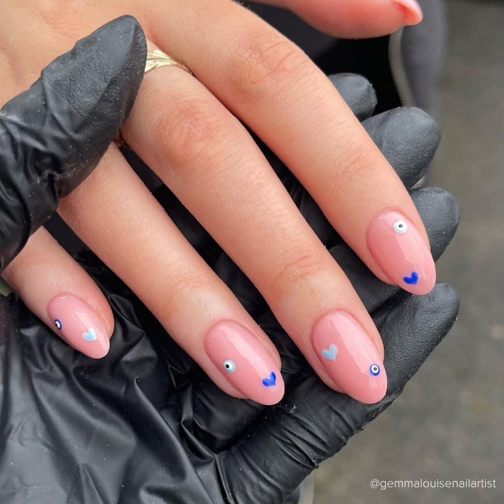 Blue Hearts and Lucky Charms Heart-Shaped Nail Design