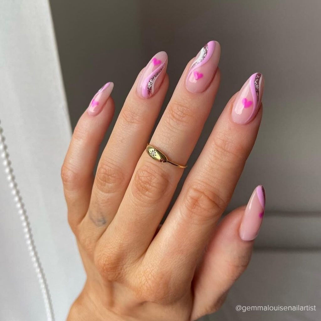 Pink Hearts and Glitter nail design