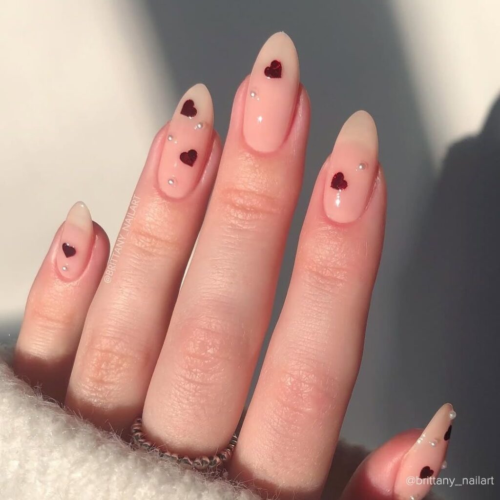 Hearts and Pearls on Nude Nails