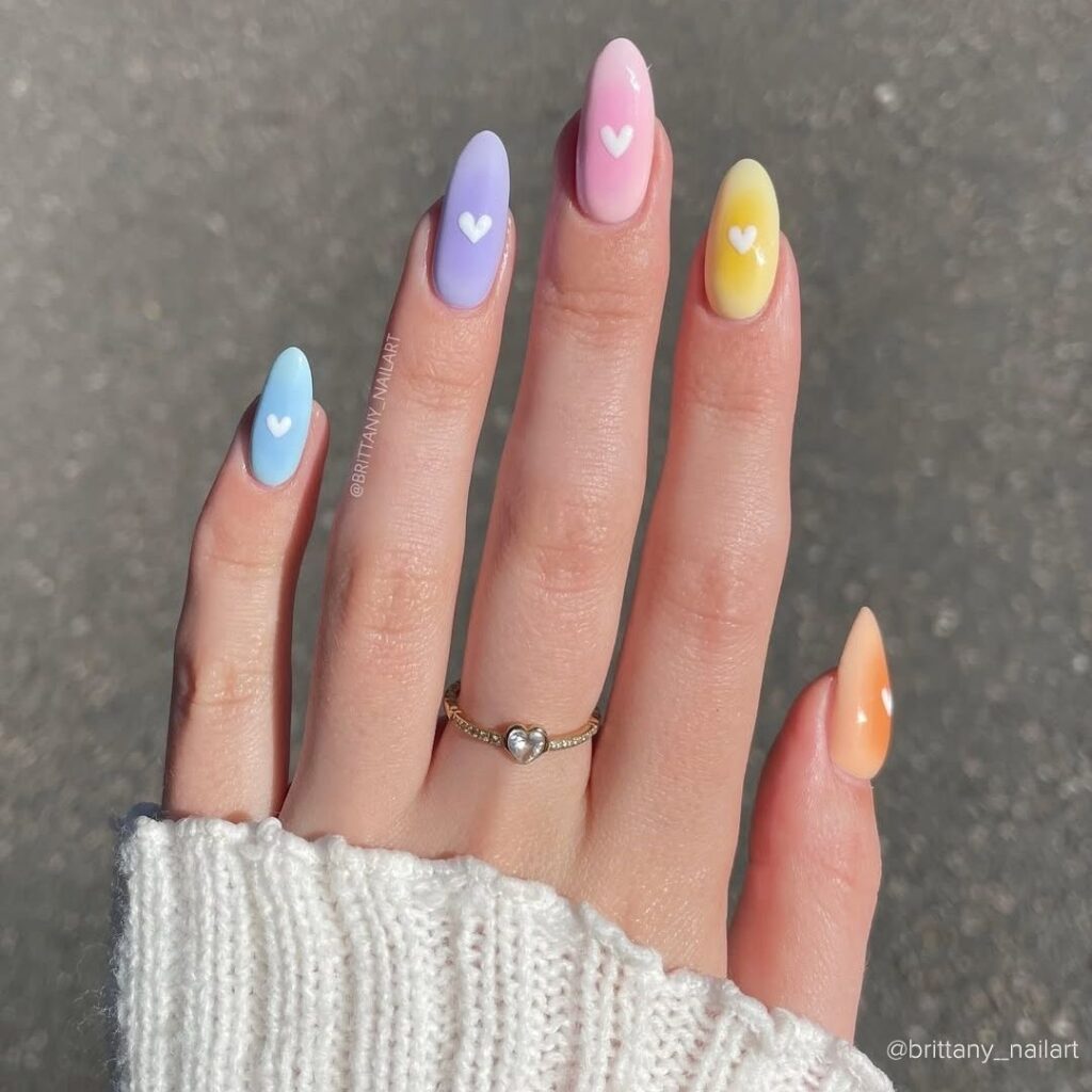 White Hearts on Rainbow Nails