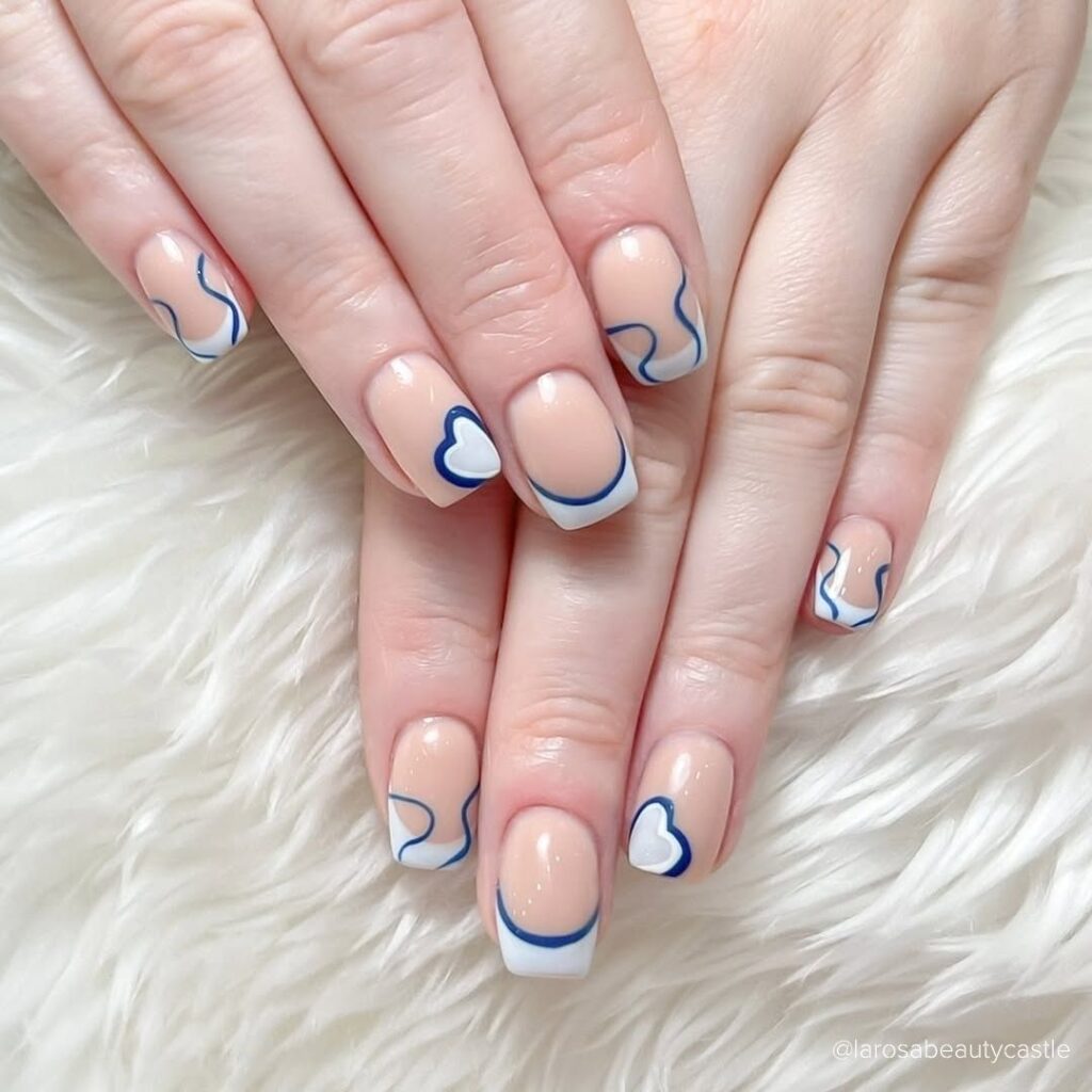 Blue Wavy Hearts nail design