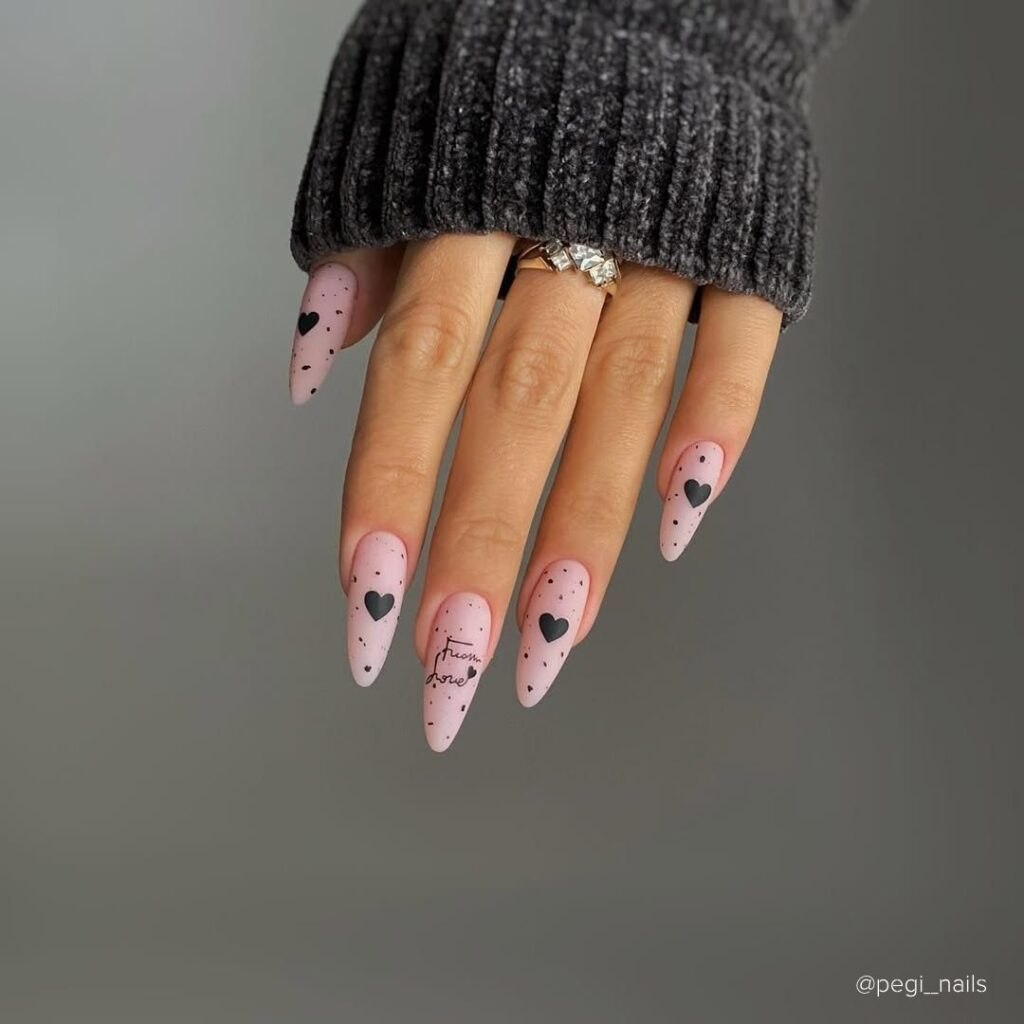 Black Hearts on Nude Valentine's Day nail designs