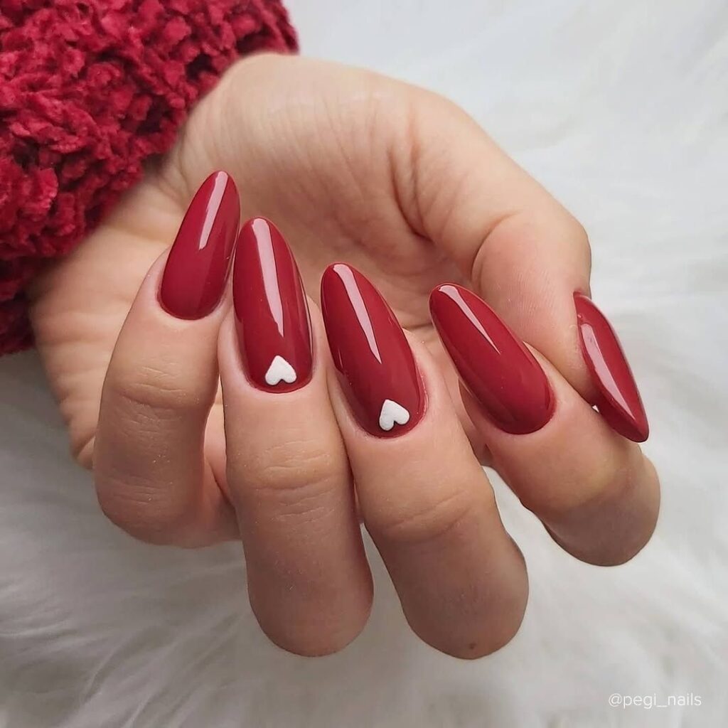 Classy White Hearts on Red Nails