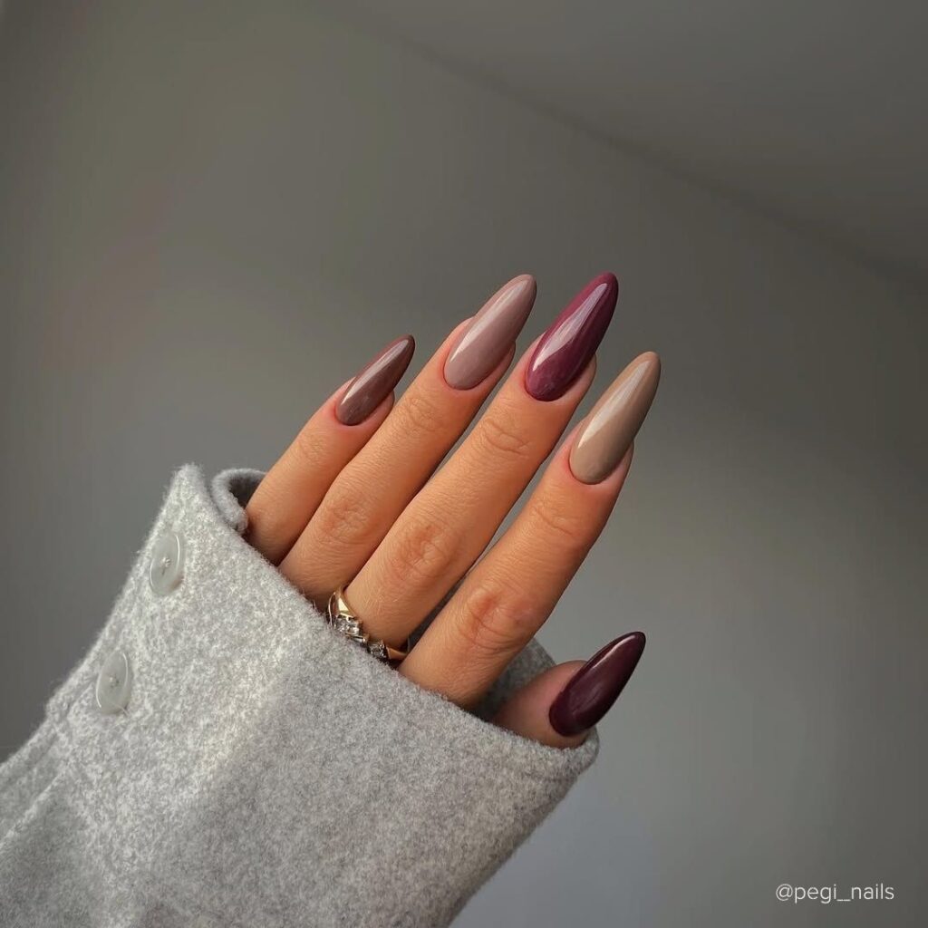 Shades of Burgundy and Brown Valentine's Day nail designs