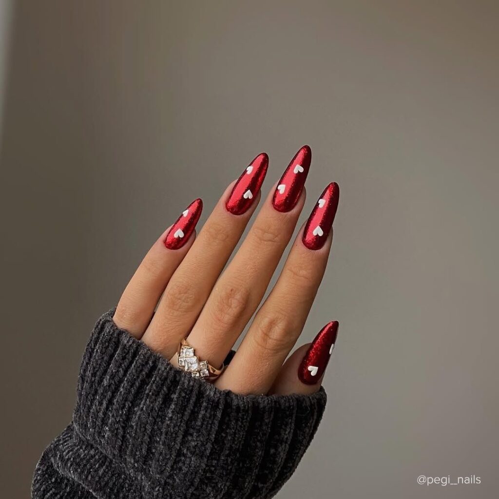 Glittery Red Nails with White Hearts