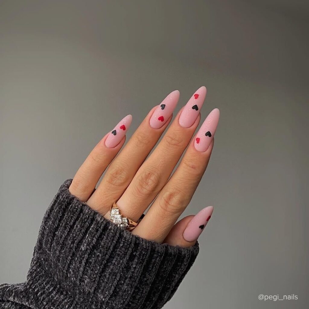 Red and Black Hearts with Glitter Heart Shape Nail Designs