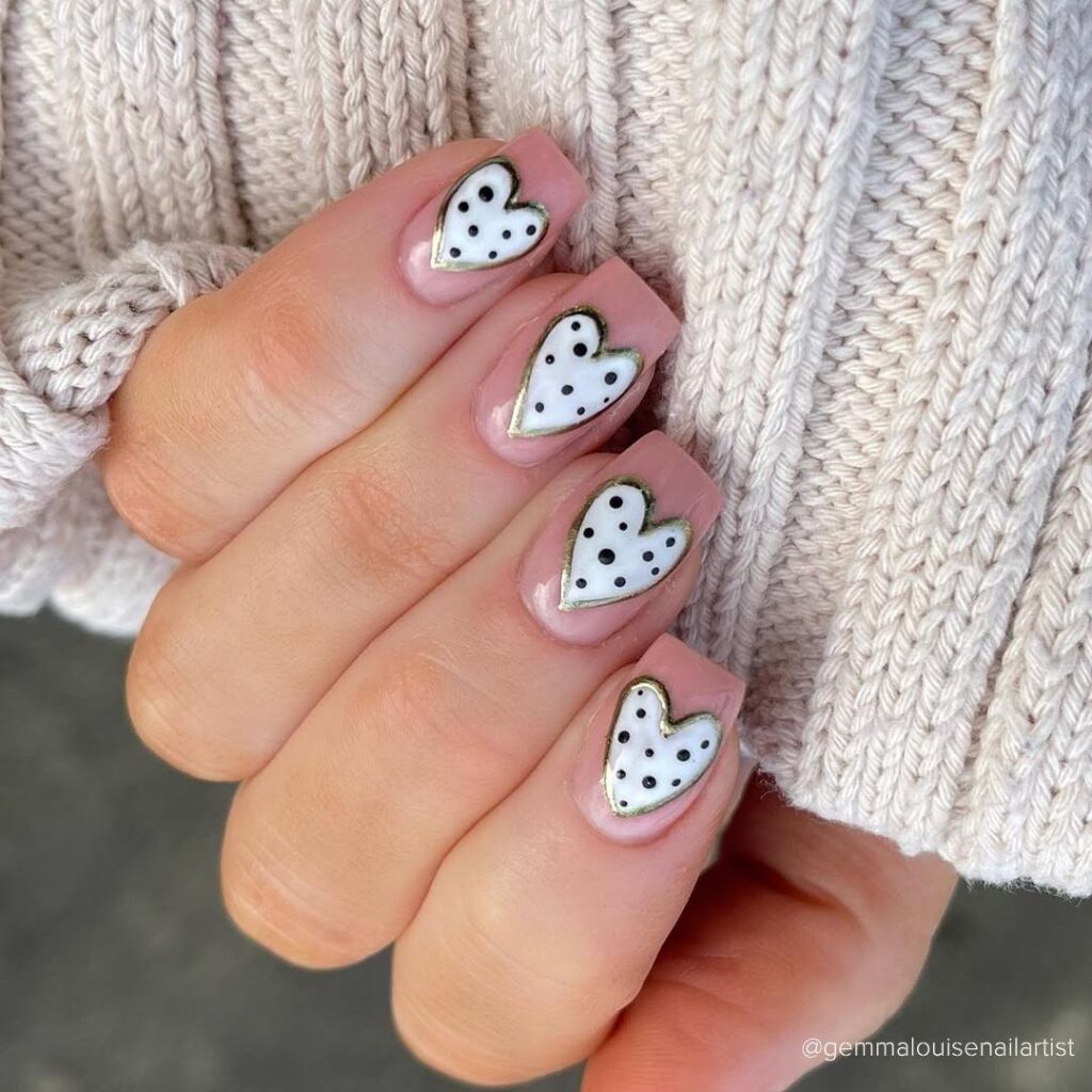 Black and White Hearts on Rose Nail Design