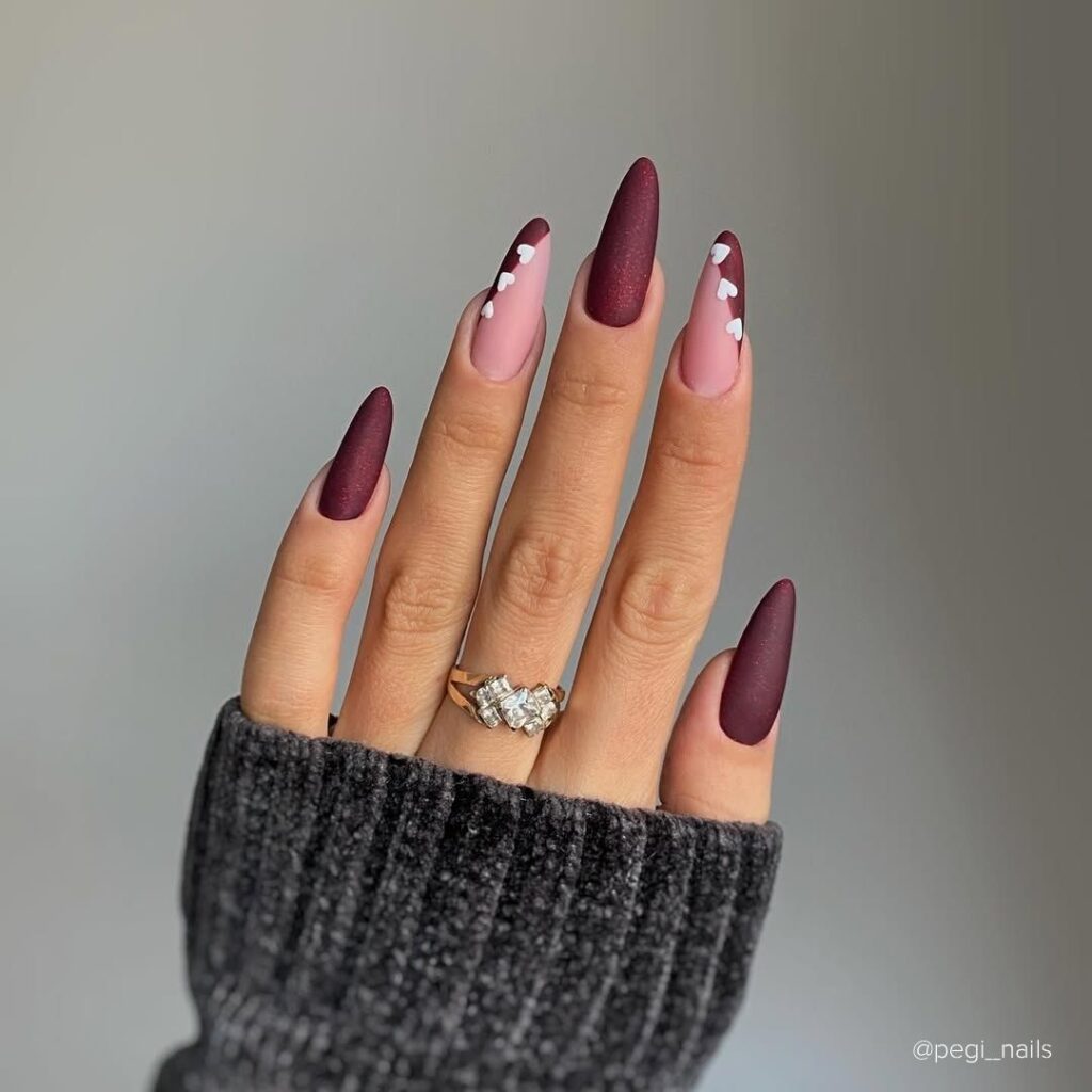 Burgundy Matte and White Hearts