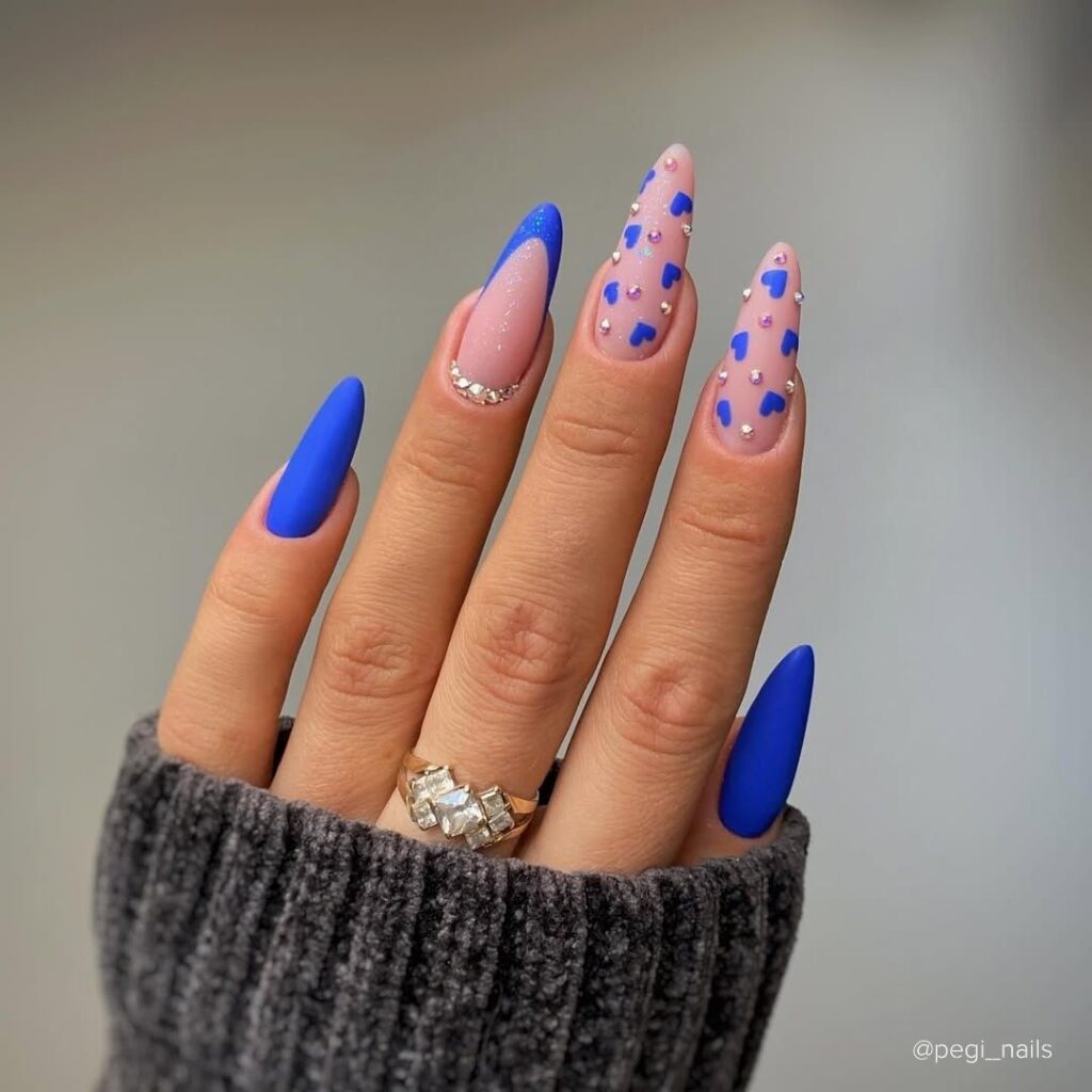 Blue Hearts and Diamonds Valentine's Day nail designs