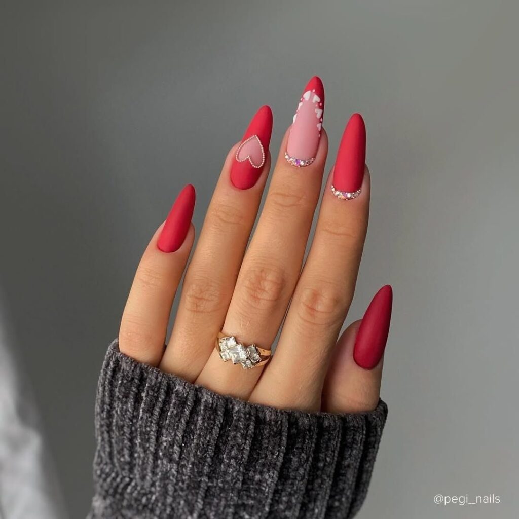 Red Matte and Sparkling Diamonds Heart-Shaped Nail Design