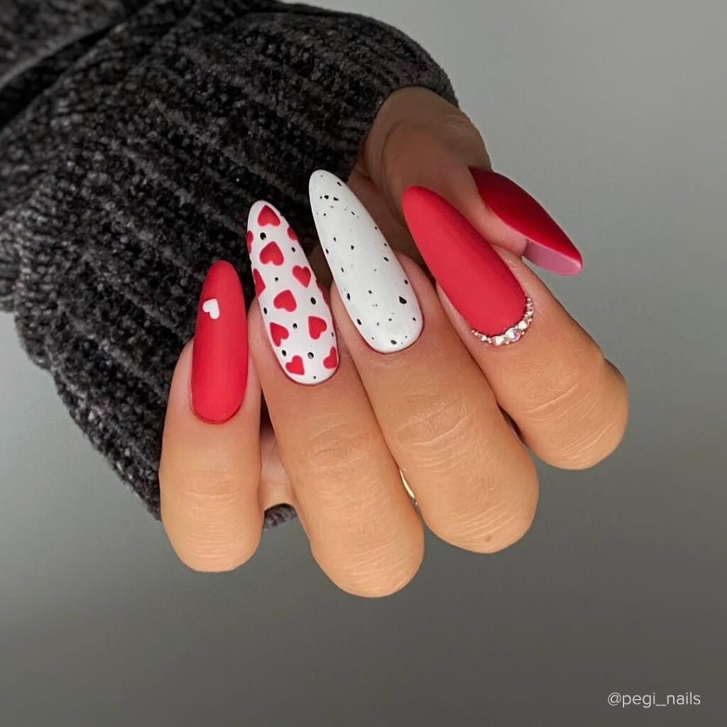 Red Hearts, White, Dashes of Black and Diamonds Heart Shape Nail Designs