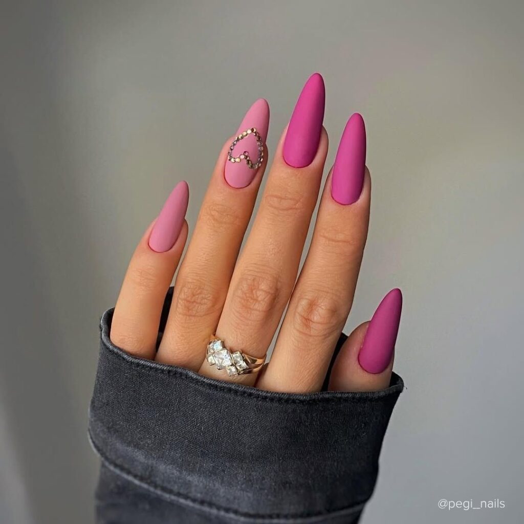 Shades of Matte Pink and Diamond Heart Valentine's Day nail designs