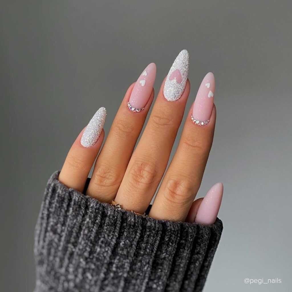 Diamonds and Glitter on Nude Tones Heart Shape Nail Designs