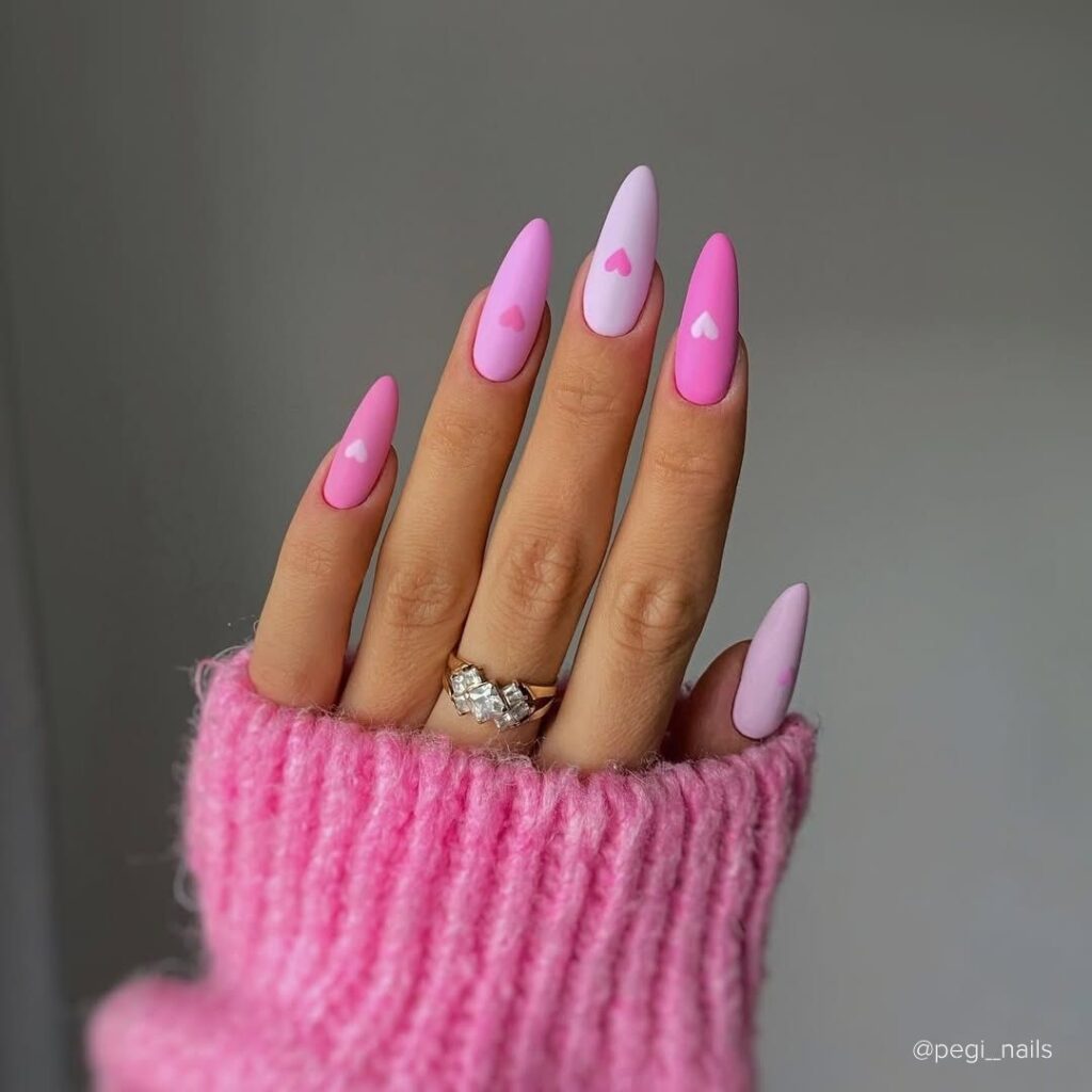 Shades of Pink Heart-Shaped Nail Design