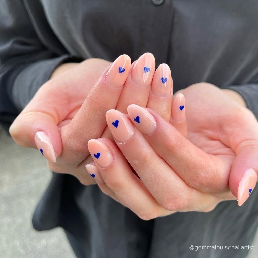 Blue Hearts on Nude Nails