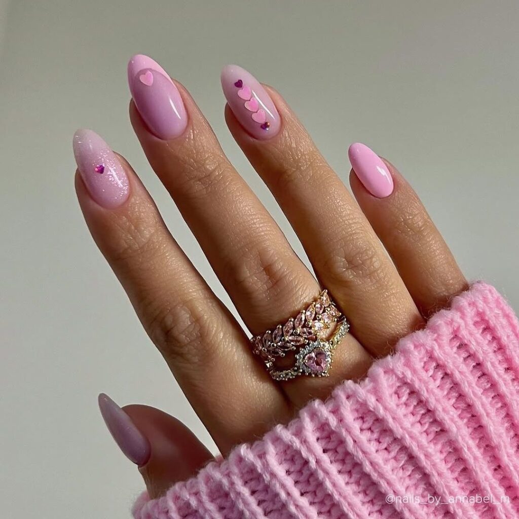 Shades of Pink and Glitter Heart Shape Nail Designs