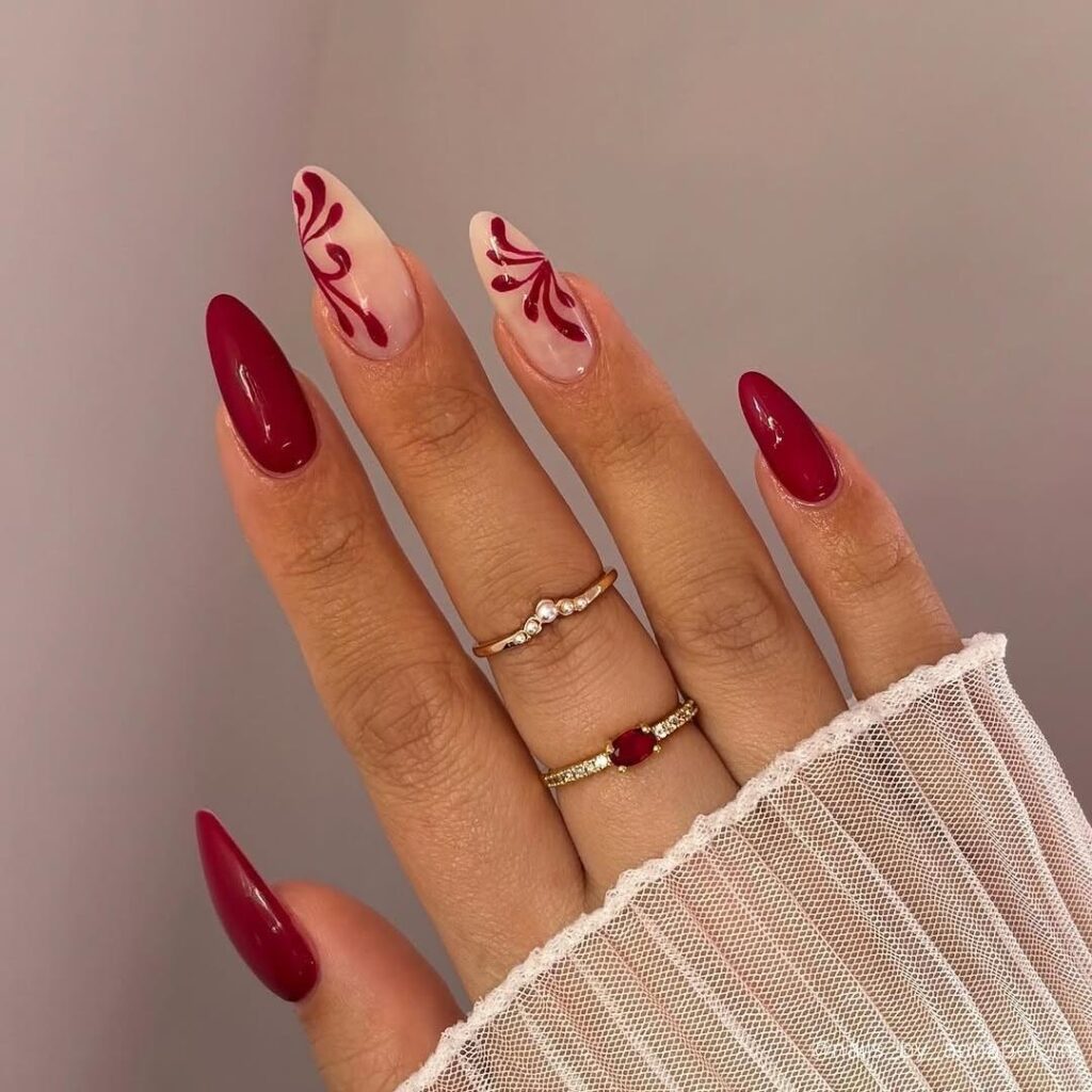 Burgundy Half Flowers Valentine's Day nail designs