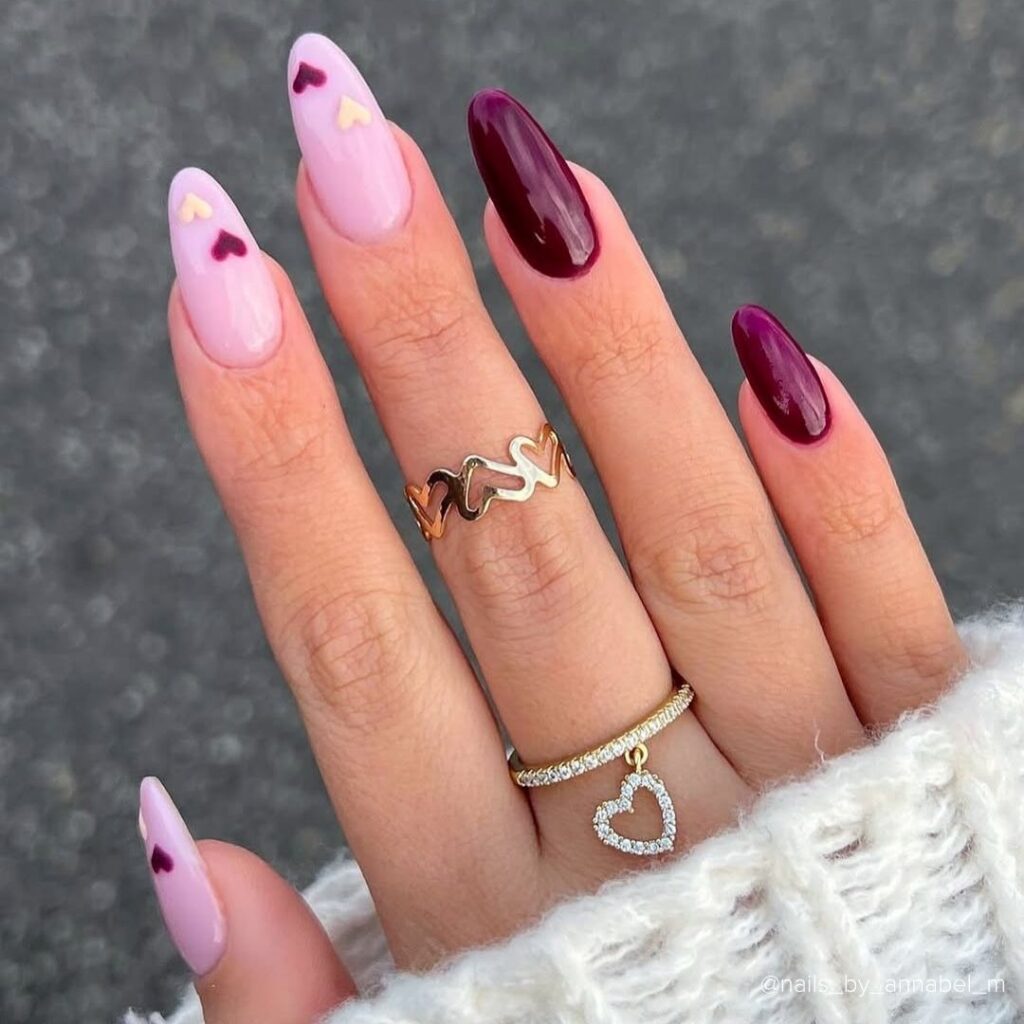 Burgundy and Pink Shades with Hearts Appliques