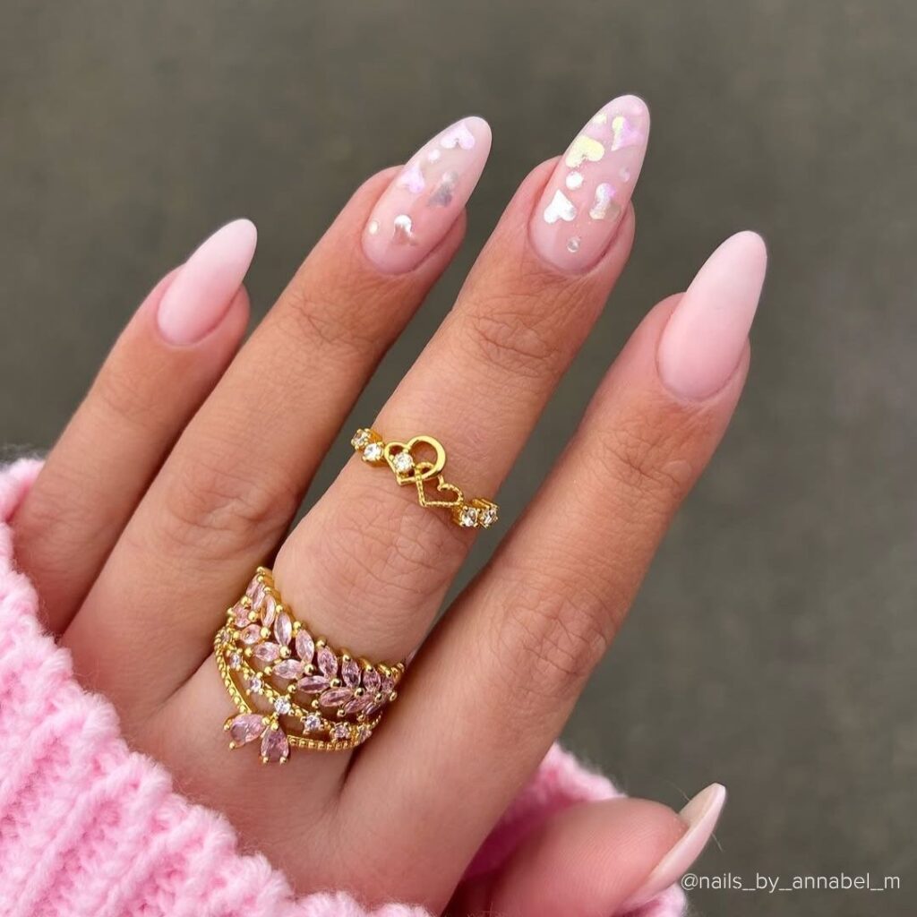 Shimmery Hearts on Nude Nails