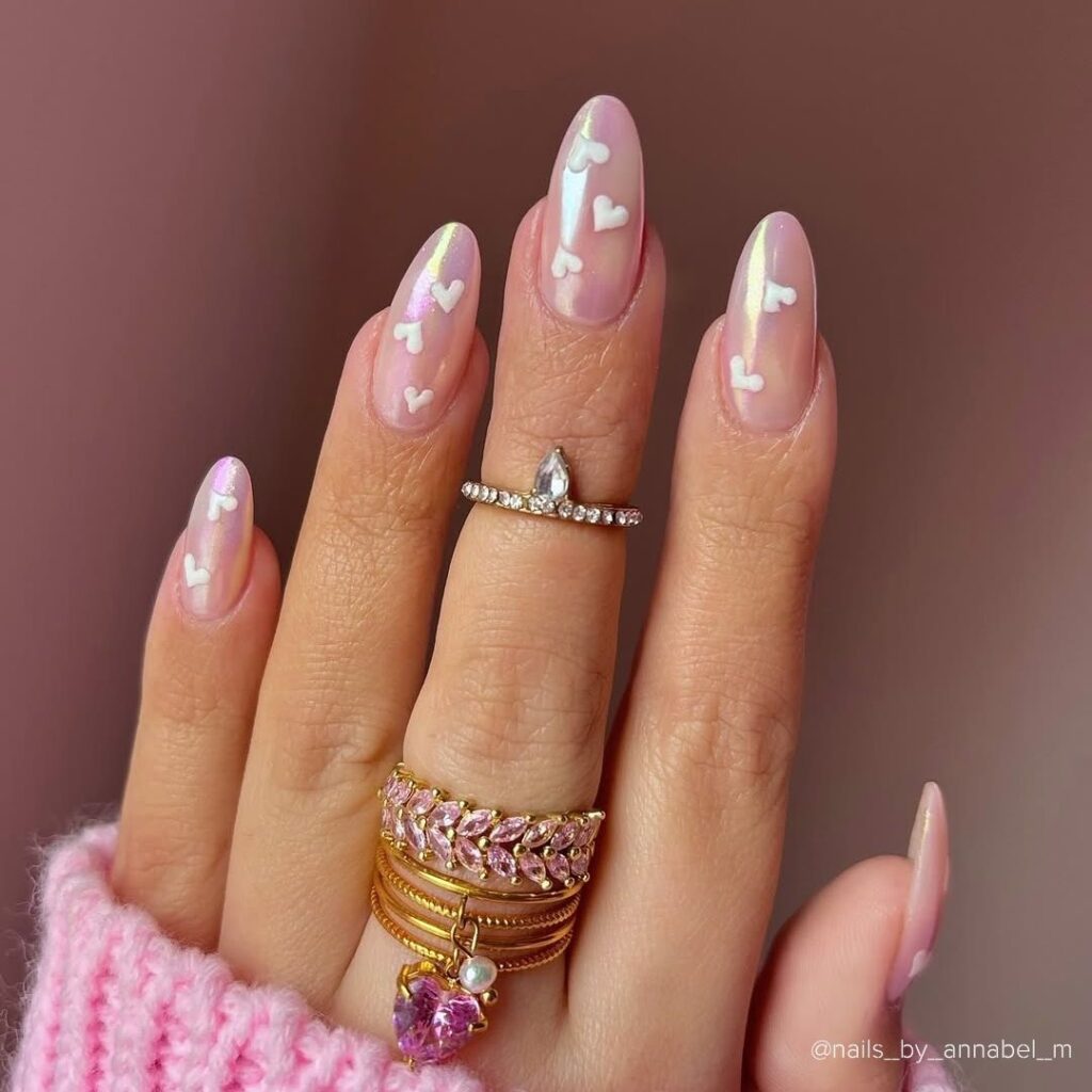 White Hearts on Shimmery Nude Heart Shape Nail Designs