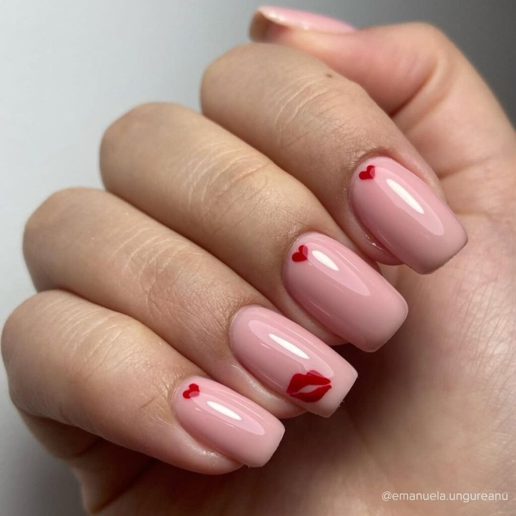 Red Hearts and Kisses on Nude Square Nails