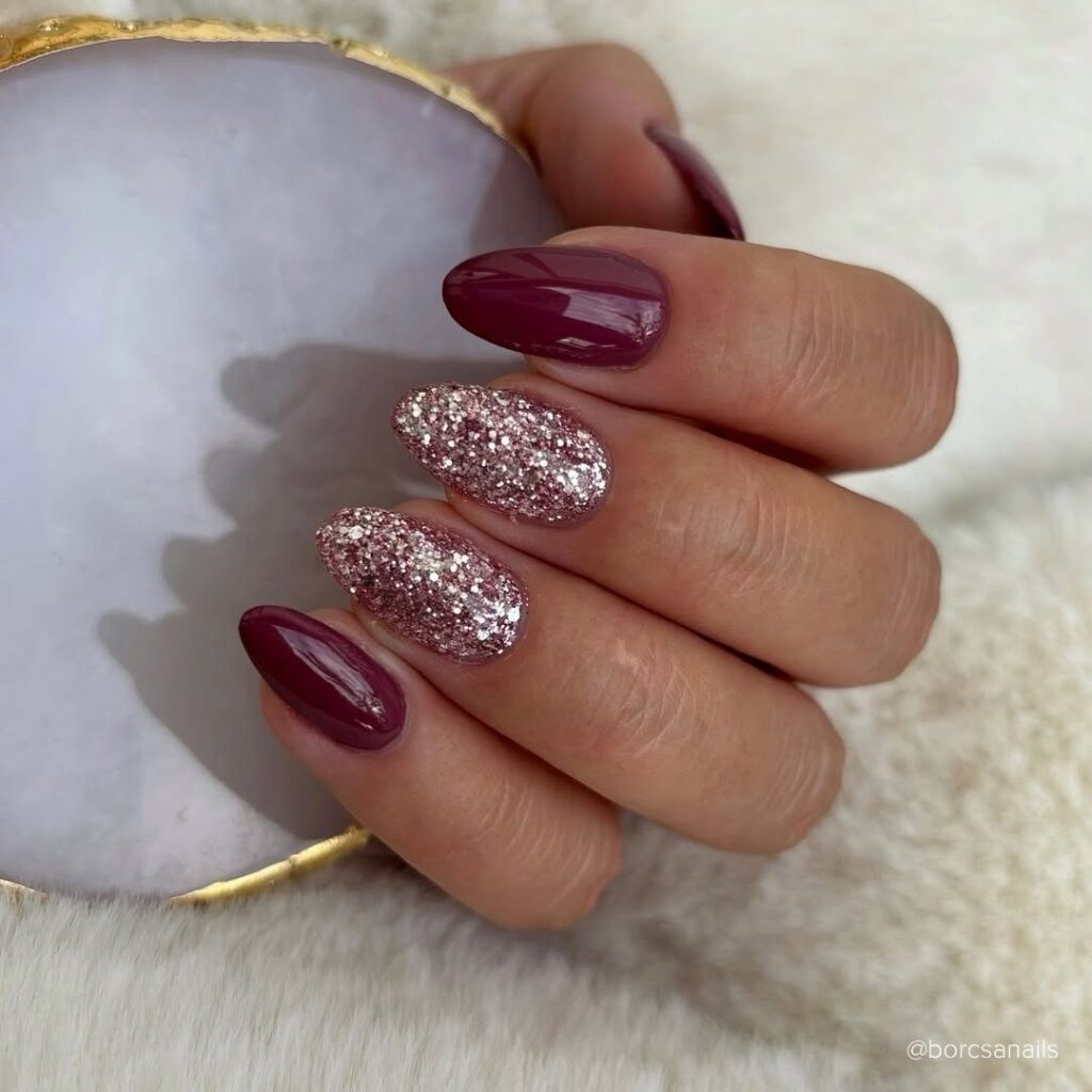 Burgundy and Glitter Valentine's Day nail designs