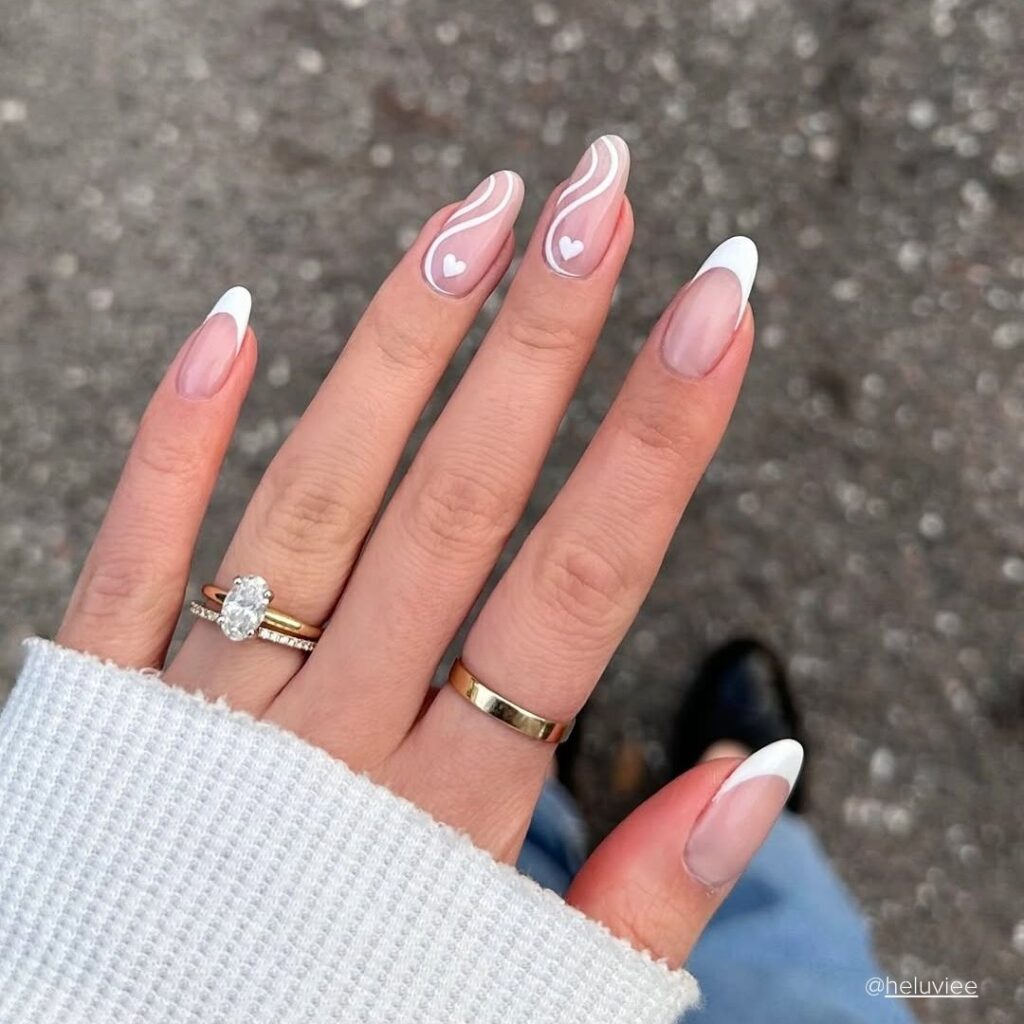 White French, Waves, and Hearts Heart Shape Nail Designs