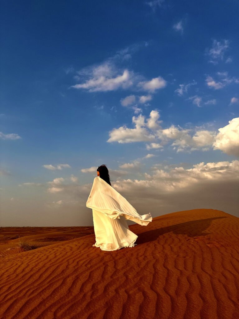 long princess dress on a Dubai safari 