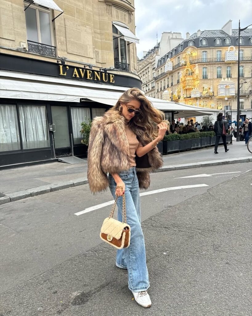 Beige Short Fur Coat + Wide Jeans + White Sneakers