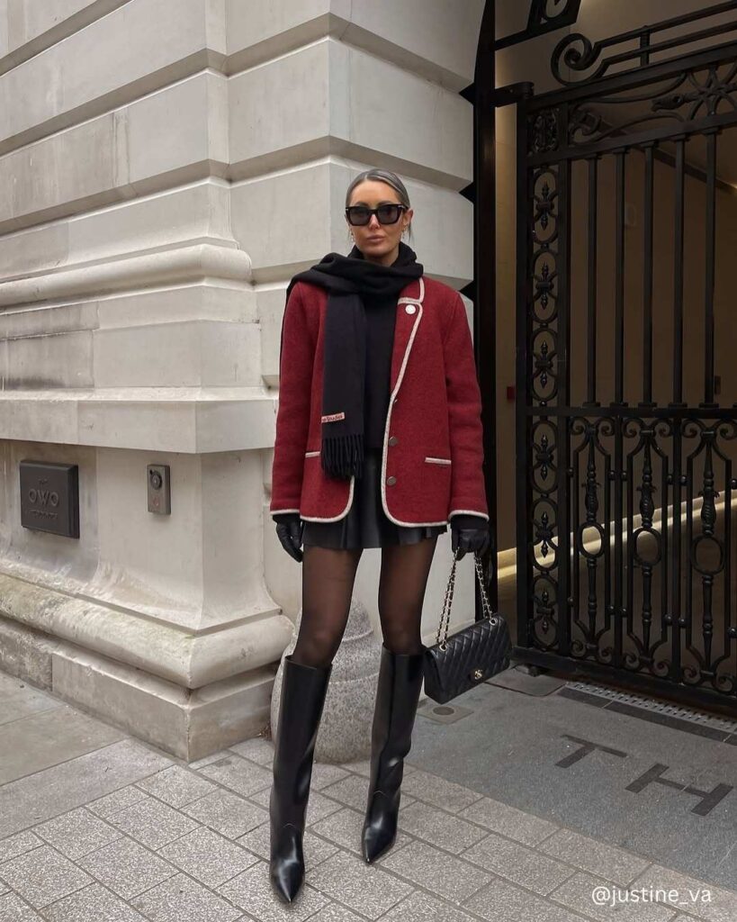 Red and White Blazer + Pleated Skirt