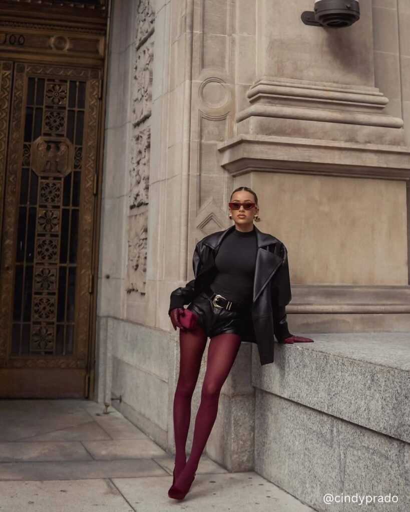 All Black Leather + Burgundy Accessories outfit