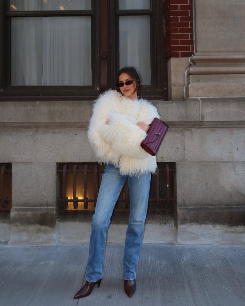 Fuzzy White Fur + Straight Jeans + Ankle boots