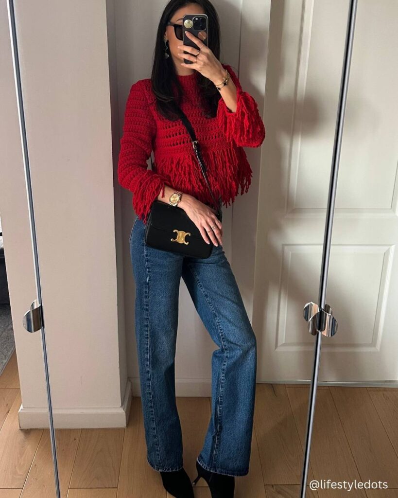 Fringed Red Sweater and Blue Jeans